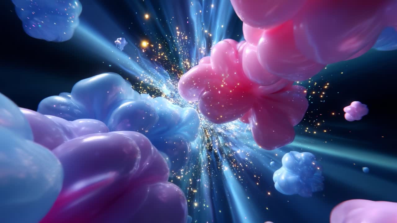 A Captivating Journey Through Colorful Nebulae: Explosive Clouds of Pink and Blue Energy Radiating Light Shine and Sparkle in a Cosmic Dance of Vibrancy and Motion, Creating a Visual Feast for the Eyes