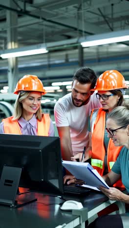 a group of workers are standing around a computer monitor, looking at a project