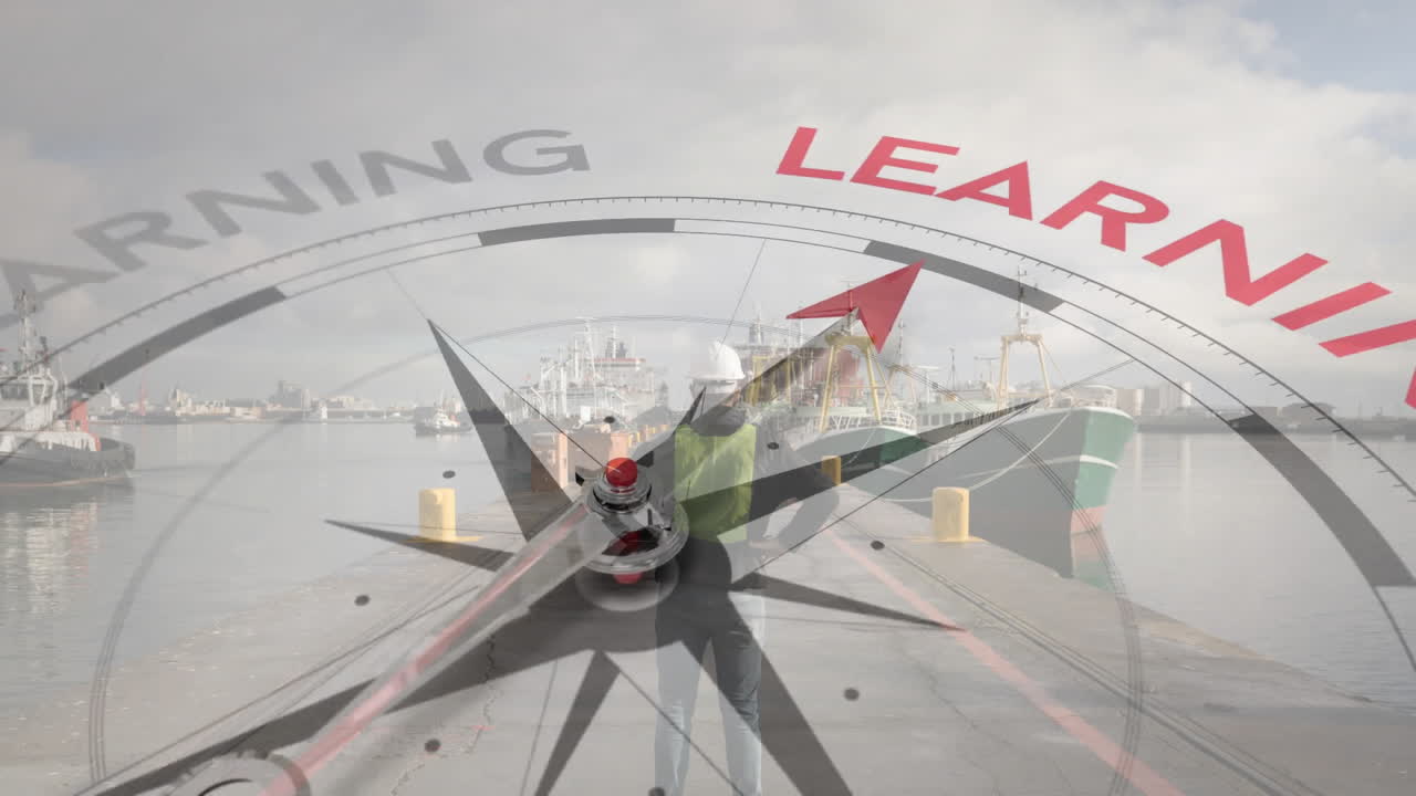 brújula apuntando a la animación de aprendizaje sobre la persona de pie en el puerto