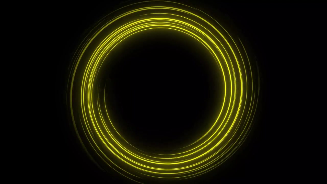 Abstract Yellow Neon Light Rings Rotating on Black Background