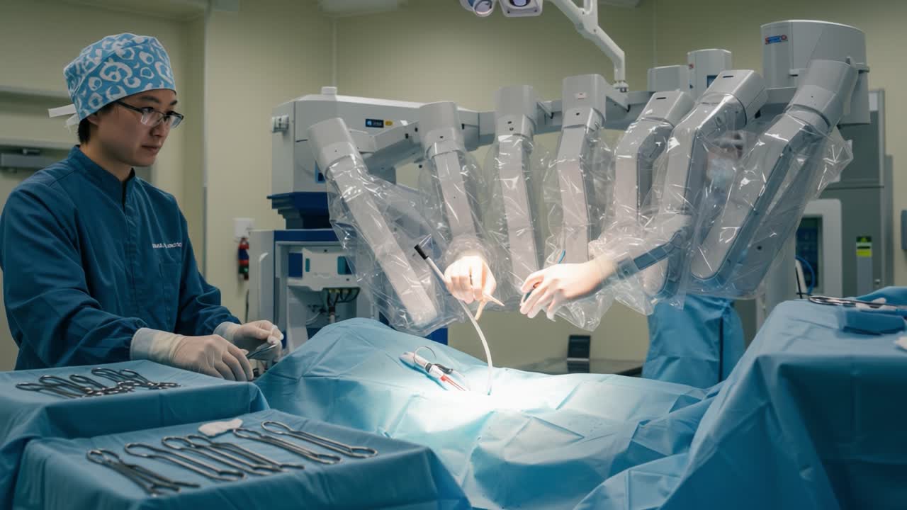 A Precision Surgical Procedure with a Robotic System in the Operating Room, Showcasing Advanced Technology and Skilled Surgeons at Work