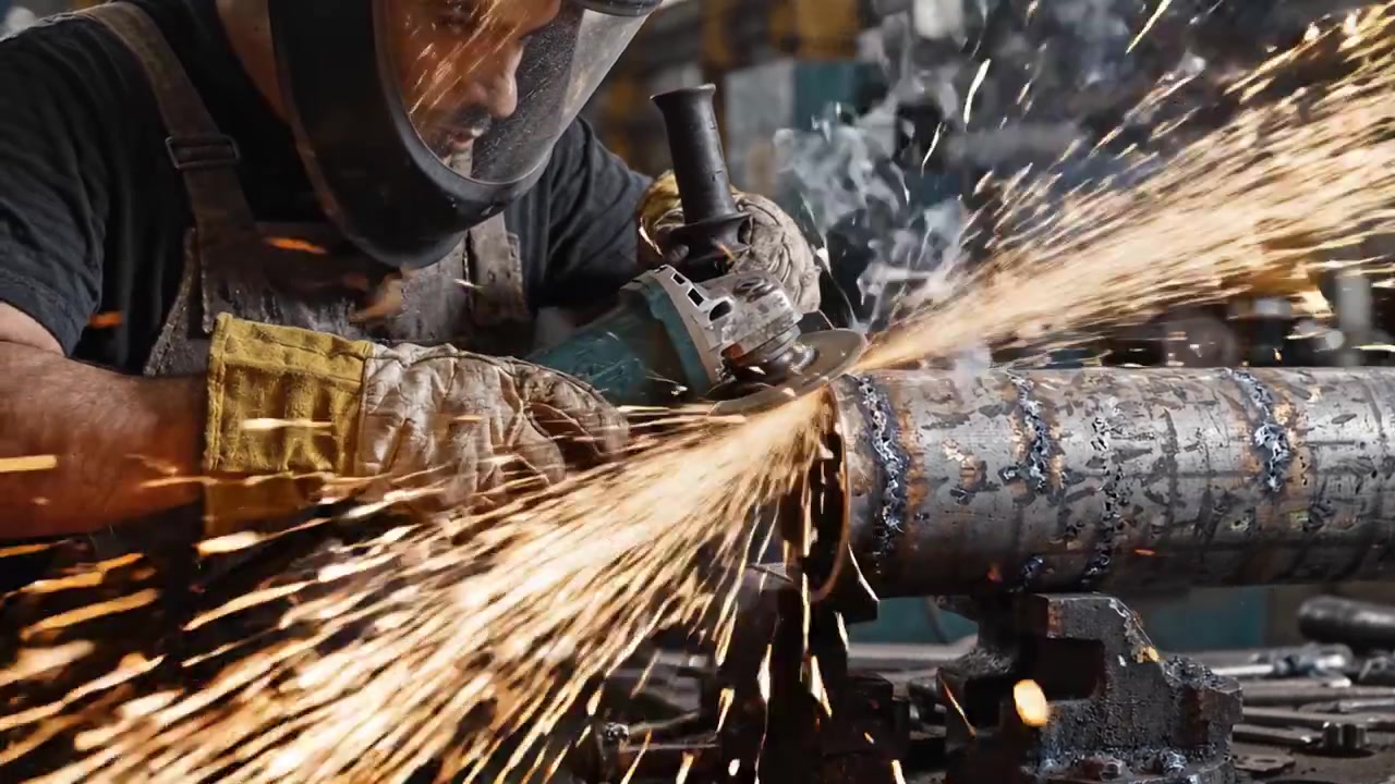 Nitelikli Bir İşçi, Dinamik Bir Endüstriyel Ortamda Kıvılcımlar Çıkararak Metali Hassasiyet ve Özenle Taşlıyor, Metal İşleme Uzmanlığını ve Güvenlik Önlemlerini Gözler Önüne Seriyor