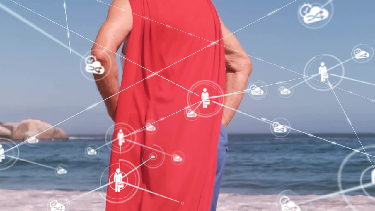Animation of person in red cape on beach with network connection icons