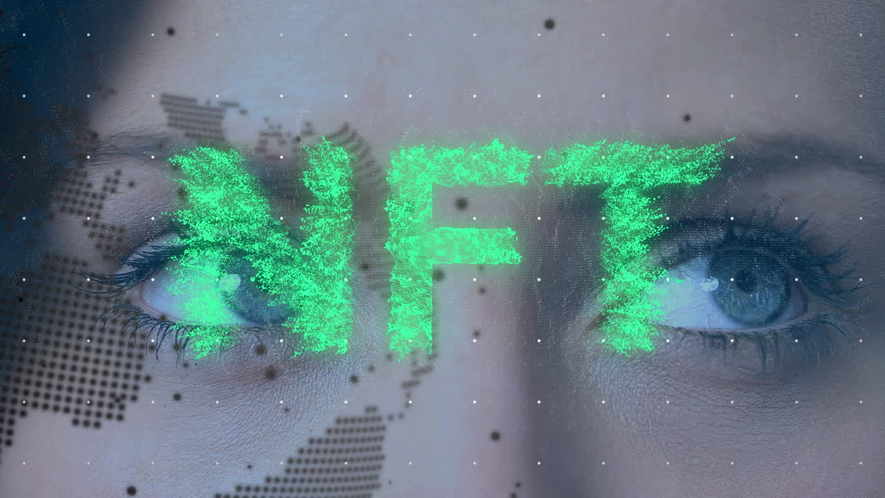 animación del globo y nft sobre la cara de la mujer caucásica