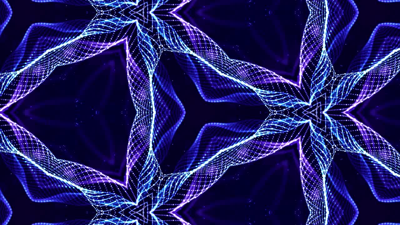 complex symmetrical structures of glow particles like sci-fi bg. Kaleidoscopic abstract theme. 4k looped sci-fi 3d background with glow blue particles form lines, surfaces, pattern