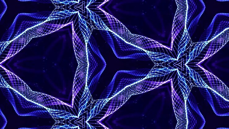 Komplexní symetrické struktury zářících částic jako sci-fi pozadí. Kaleidoskopické abstraktní téma. 4K smyčkové sci-fi 3D pozadí se zářícími modrými částicemi tvořícími čáry, povrchy a vzory.