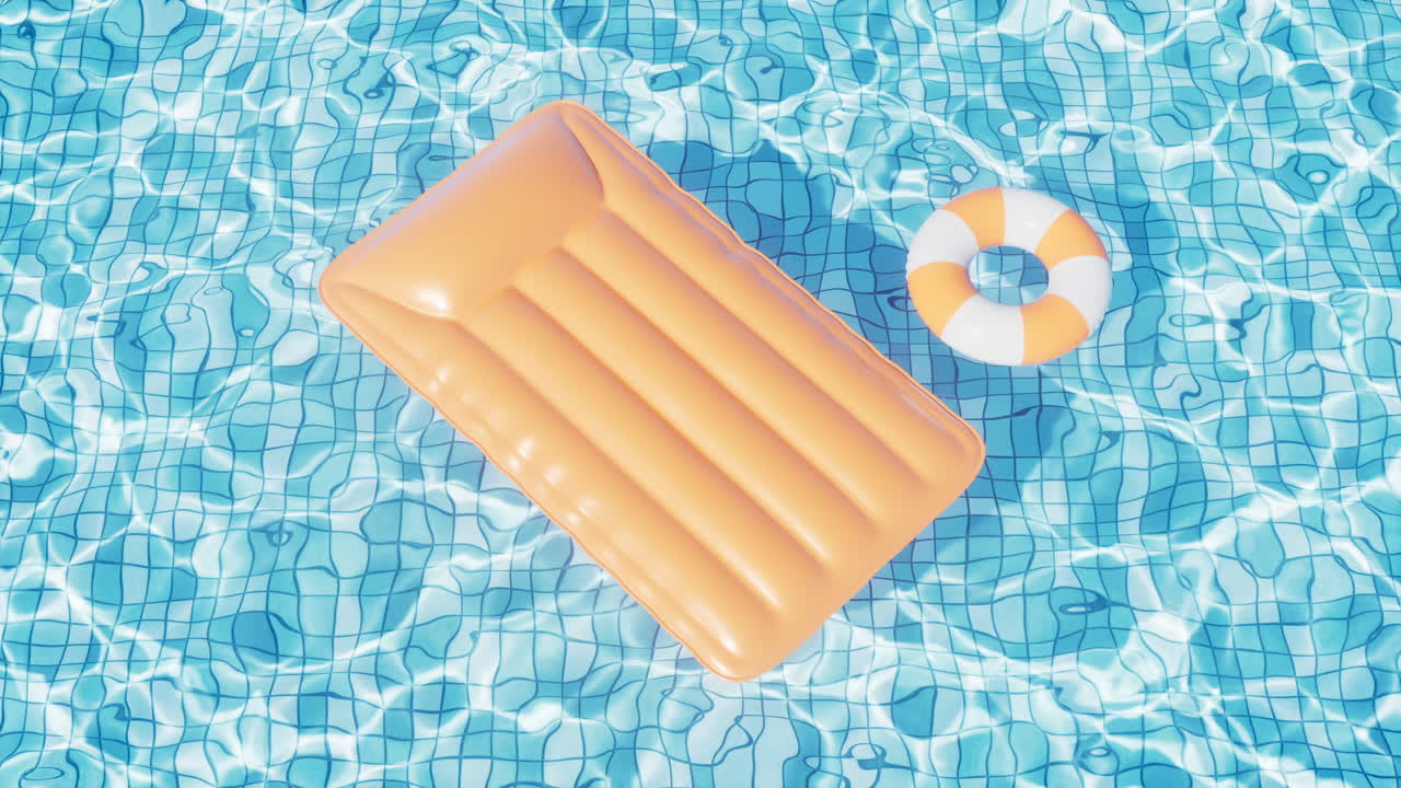 Loop animation of swimming pool and floating air mattress, 3d rendering.