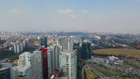 Mexico-City,-Santa-Fe,-Business-Destrict,-Drone-Shot,-Skyscraper,-Skyline,-Park