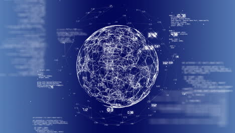 Rotating globe with interconnected nodes and data processing on blue background