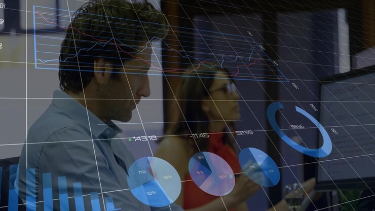Man typing and woman on phone initiating finance analysis with animated bars, pies, lines, 3D grid
