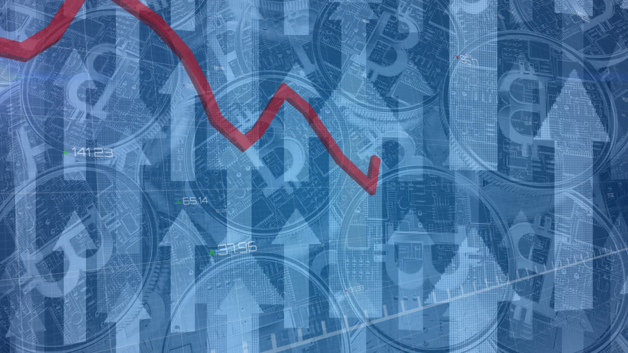 animación del procesamiento de datos financieros con líneas rojas y flechas que apuntan hacia arriba sobre los bitcoins
