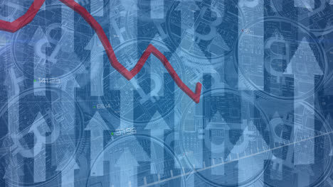 animation of financial data processing with red lines and arrows pointing up over bitcoins