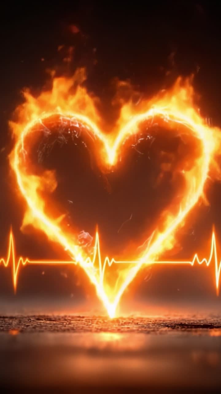 Un'affascinante rappresentazione visiva dell'amore e della passione, dove fiamme vibranti formano un cuore, completata da una linea elettrizzante del battito cardiaco che simboleggia vita ed emozione.