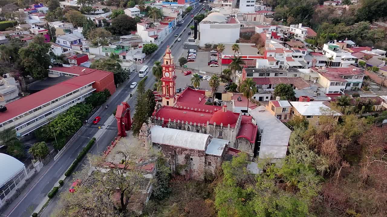 Orbit drone shot of Tlaltenango Sanctuary during the day in Cuernavaca, Morelos, Mexico
