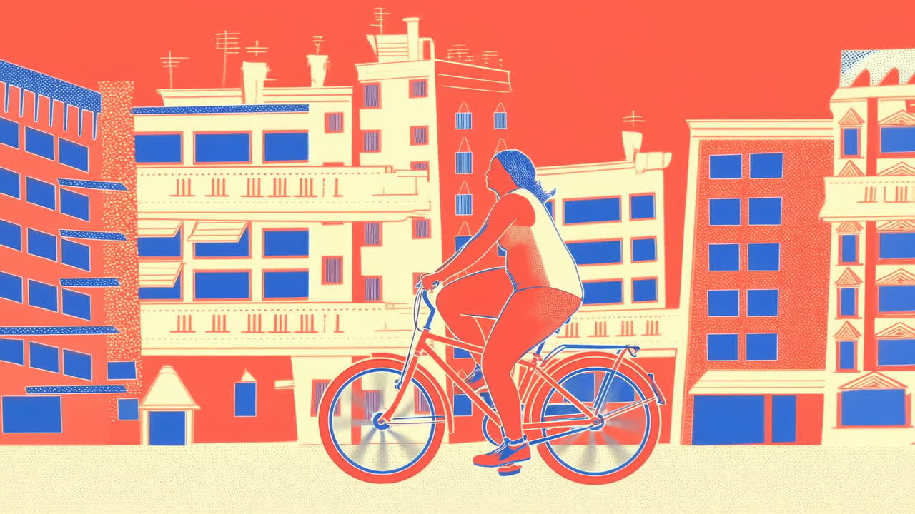 Urbant bybillede med sort kvinde cyklende forbi retrofacader og moderne bygninger, kurerrolle fremhævet