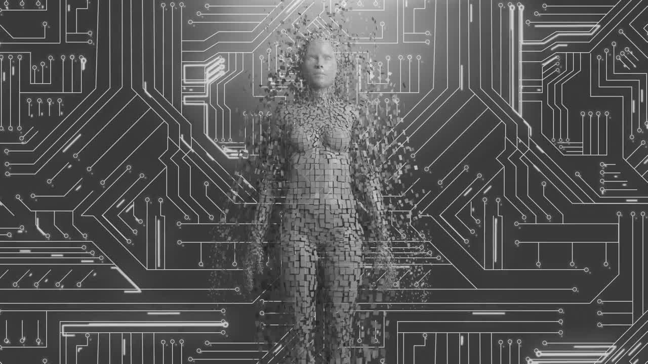 forma androide femminile che emerge dalla scheda di circuito luminoso del computer