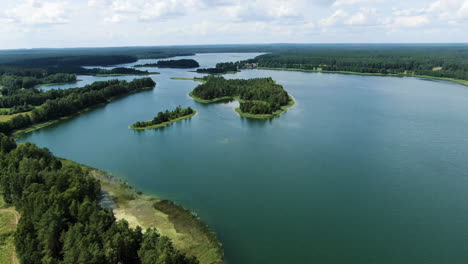 massive lake surrounded by dense forestry landscape in lithuania, aerial drone view