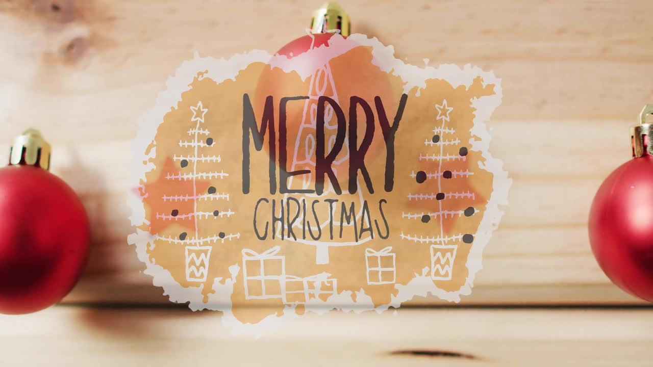 Merry Christmas text animation over Christmas ornaments on wooden background