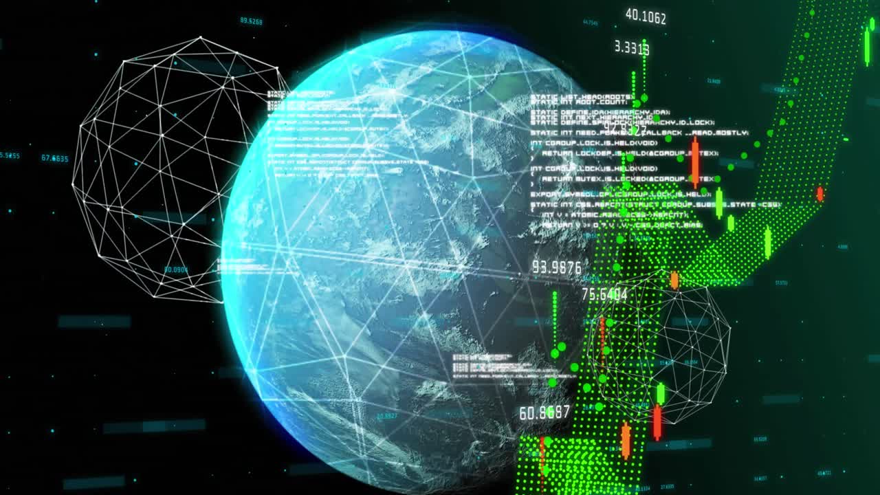 Animation of data, graphs and globe on black background