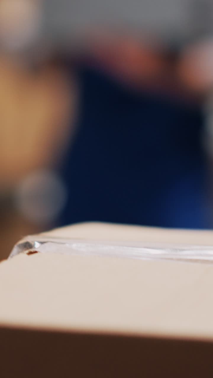 Video verticale: supervisore del deposito che tiene in mano un portatile con la lista di logistica in stock