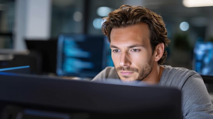 Fokuseret professionel analyserer data på computerskærm i moderne kontormiljø med teknologi i baggrunden, der forbedrer et samarbejdsorienteret arbejdsmiljø
