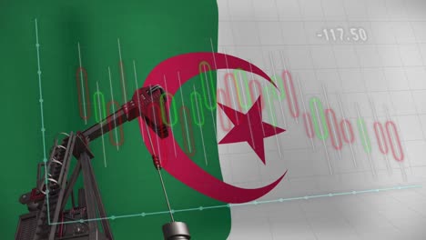 Animation-of-financial-data-processing-and-flag-of-algeria-over-oil-pump