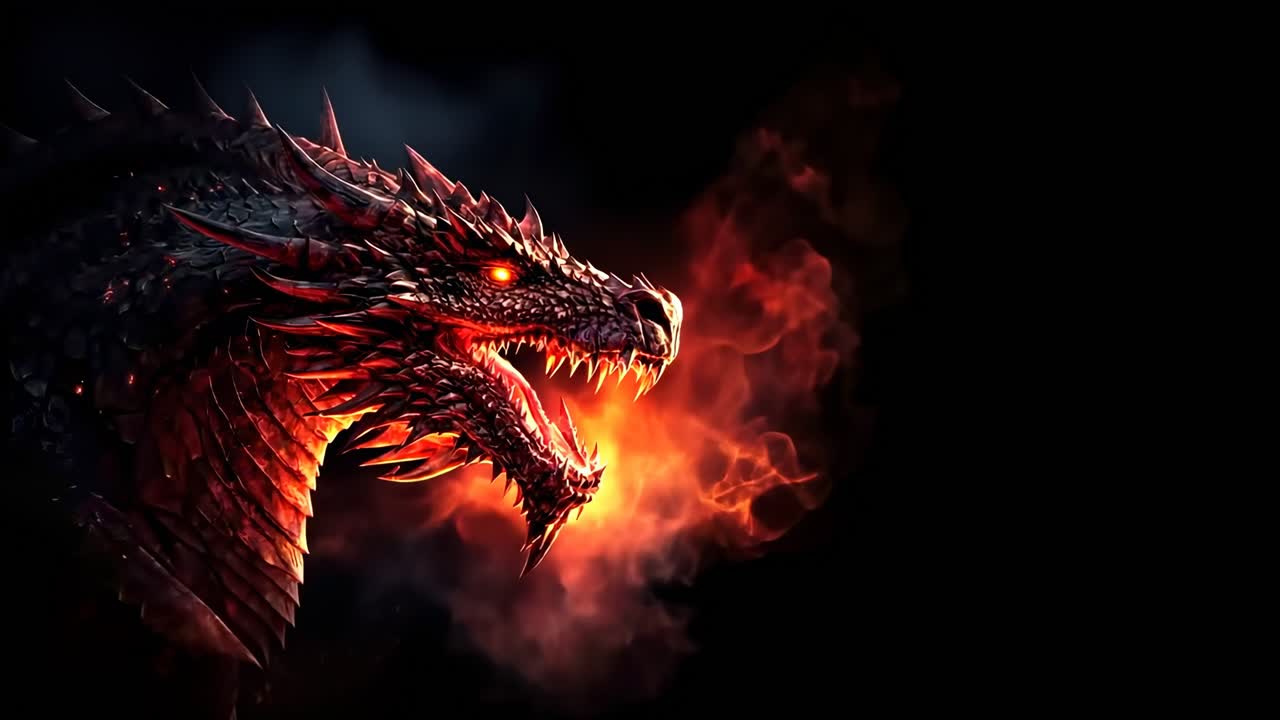 A side view of a fierce dragon with glowing eyes against a black background, reminiscent