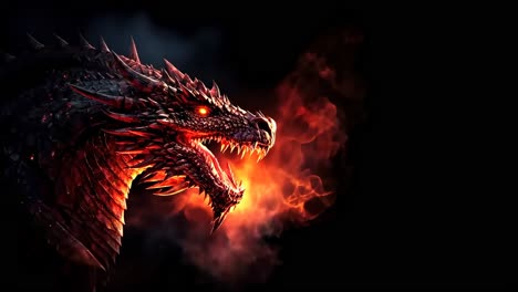 A side view of a fierce dragon with glowing eyes against a black background, reminiscent