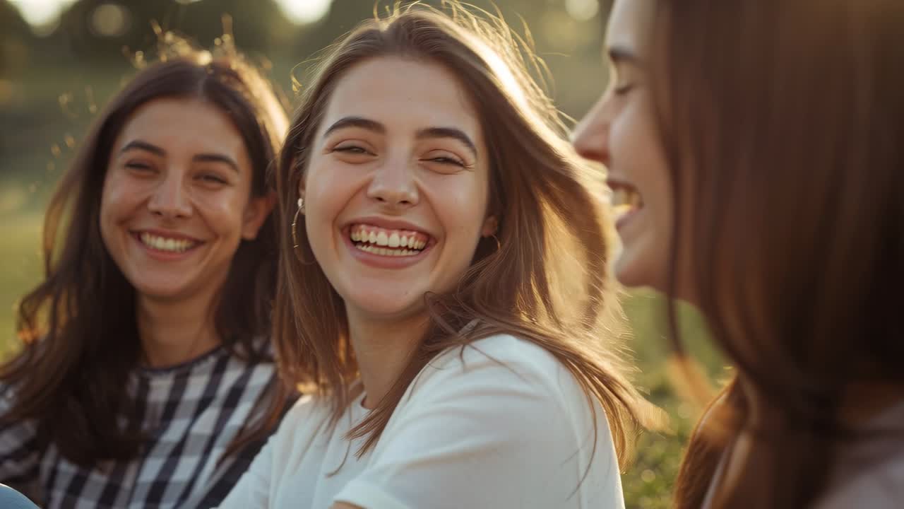 Tres mujeres riendo, agrupadas en el parque, después de que la mujer del centro señalara y bromeara, luciendo pendientes de aro.
