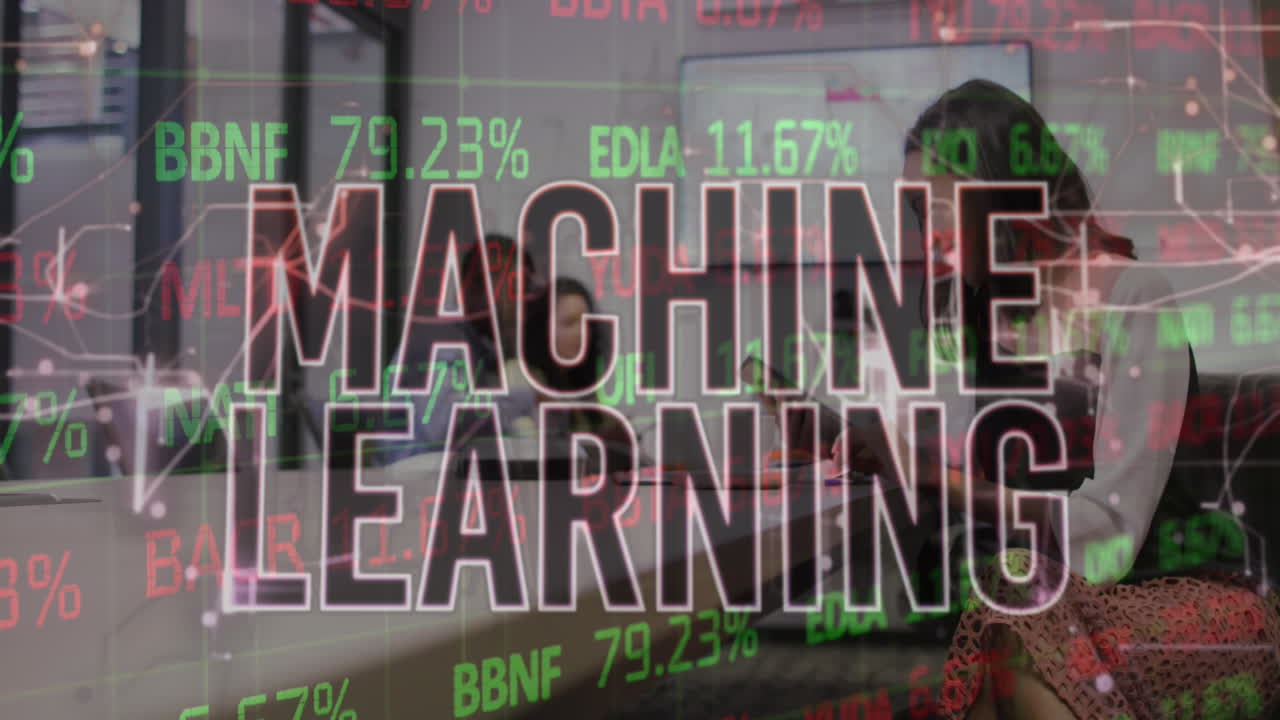 Animation of machine learning text and trading board, biracial woman using digital tablet in office