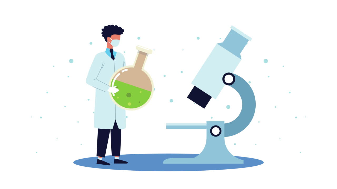 male scientist with microscope and test flask