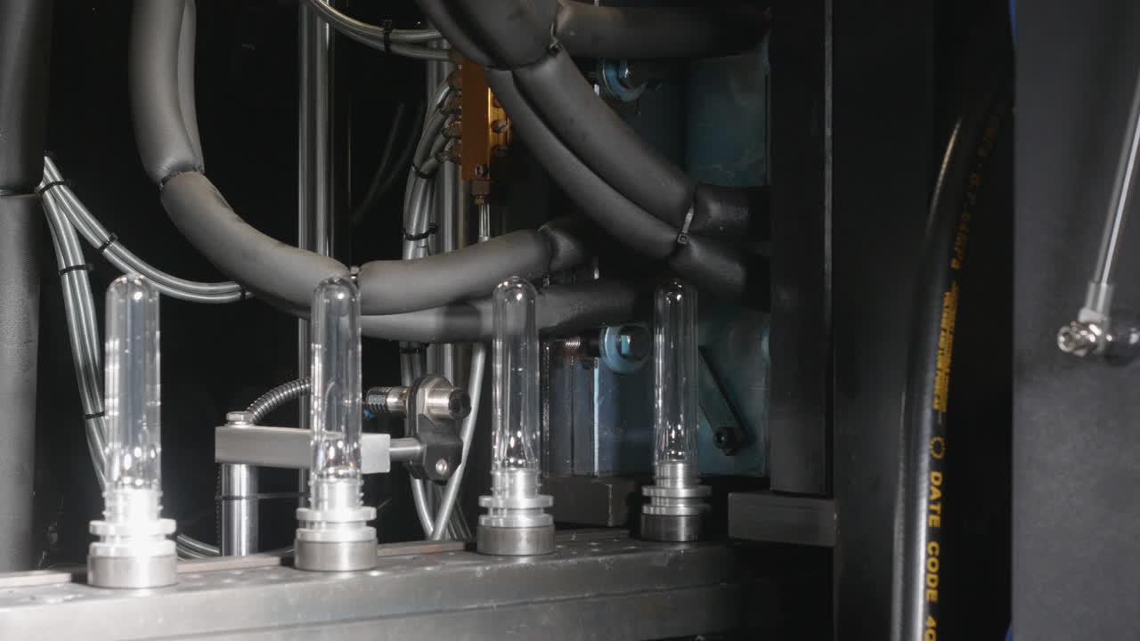 플라스틱 애완동물 프리폼으로 플라스틱 병을 제조하는 기계의 클로즈업 샷