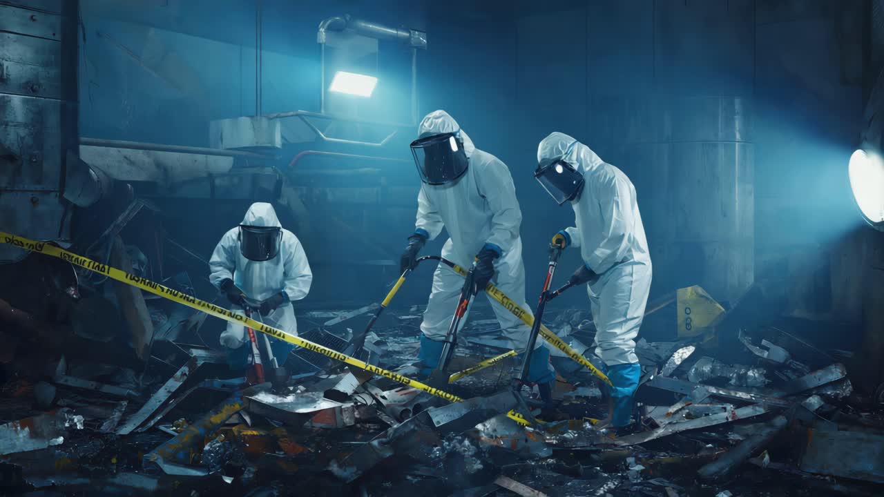 Squadra Hazmat che pulisce il sito industriale