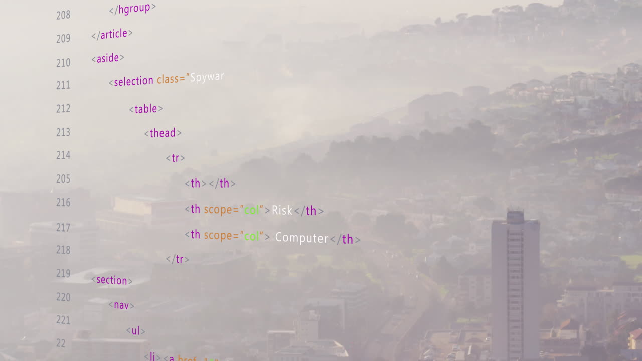 도시 풍경의 공중 전망에 대한 데이터 처리 애니메이션