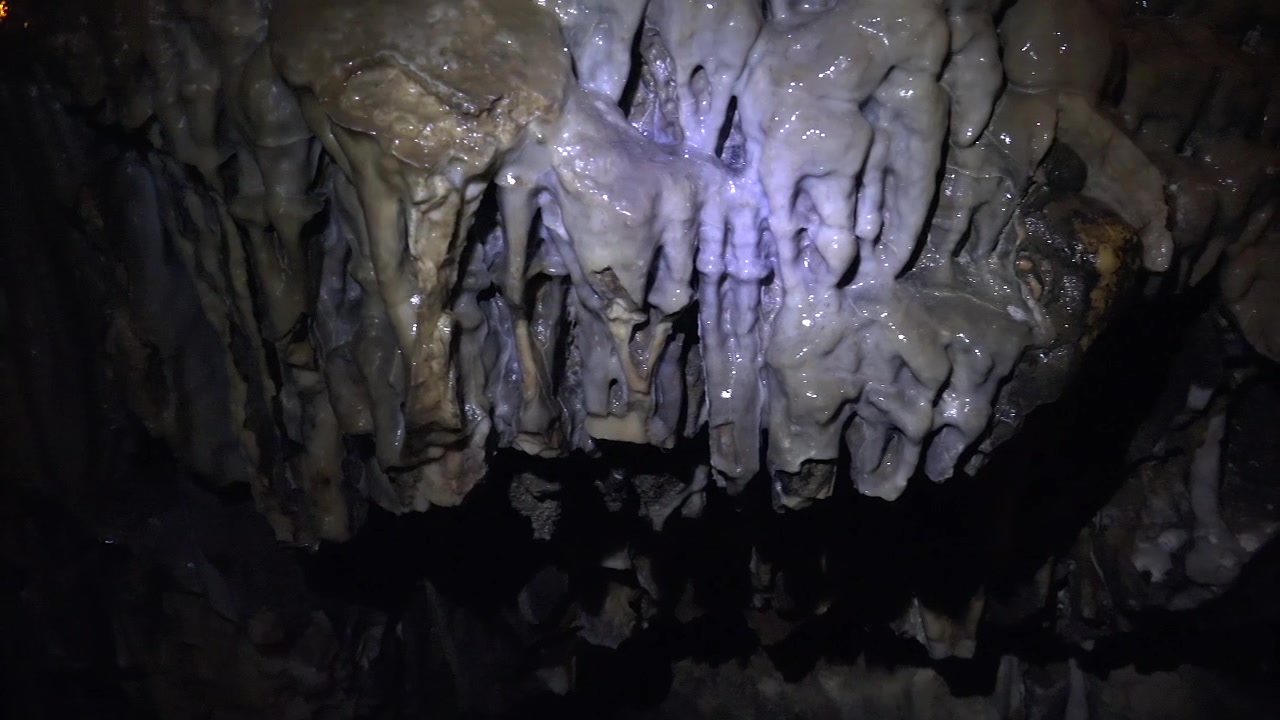 Close-up of Wet Stalactites and Rock Formations Inside a Dark Cave