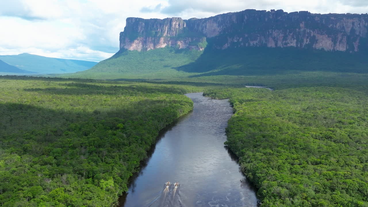 Aerial View of Auyantepui Tepui and River in Canaima National Park, Venezuela