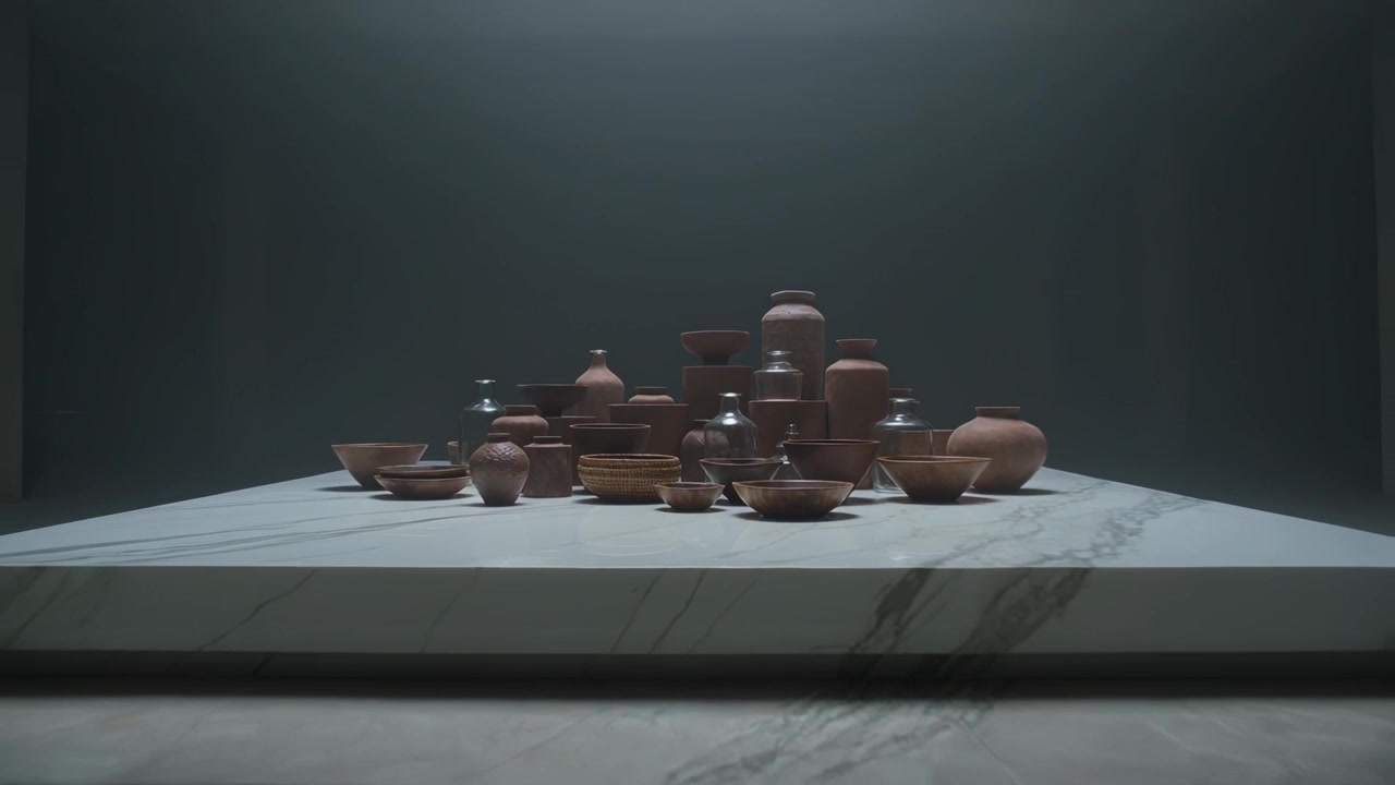 Una telecamera che si allontana, rivelando un gruppo di ceramiche su una base di marmo in una galleria, per mostrare il contesto completo.