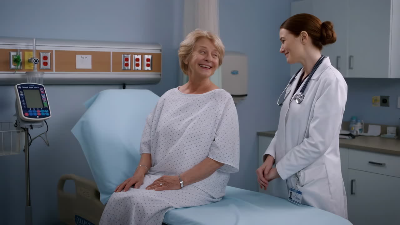 Doctor and patient smiling during a medical consultation in a hospital room