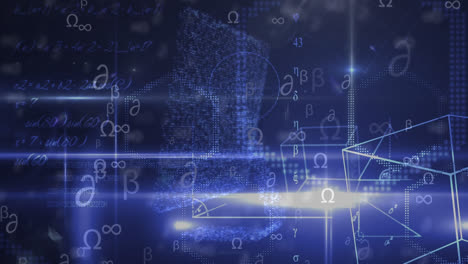 Animation-Mathematischer-Symbole-Und-Formen,-Die-über-Einem-Rotierenden-Datencomputerbildschirm-Schweben