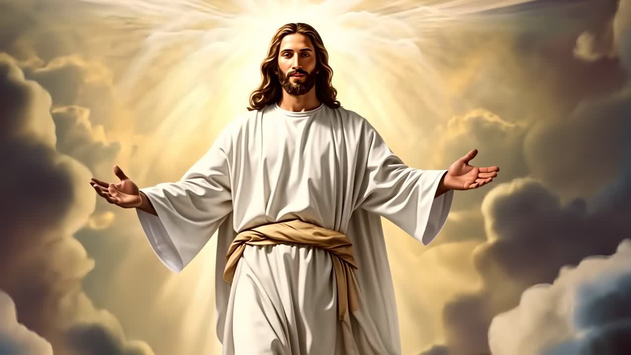 A divine figure with open arms, surrounded by radiant light and clouds