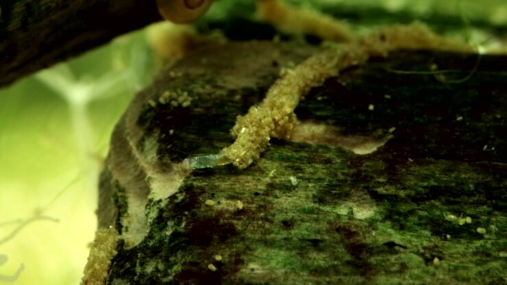 Larva di chironomide (Chironomide: Corynoneura sp.) sott'acqua, che si estende dal suo rifugio tubolare, mentre si nutre e ingoia su un pezzo di legno morto in uno stagno, primo piano macro estremo