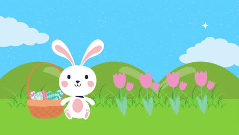 feliz tarjeta animada de pascua con conejo y huevos pintados en el campamento