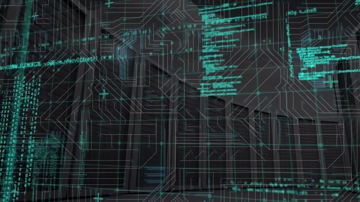 Animazione dell'elaborazione dati su circuito integrato in spazio verde e nero