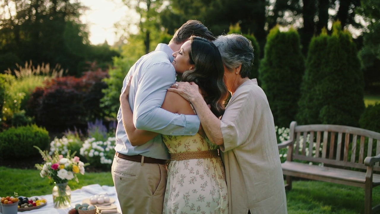 Stepping in from right senior woman placing hand, joining embracing pair on lawn with picnic spread