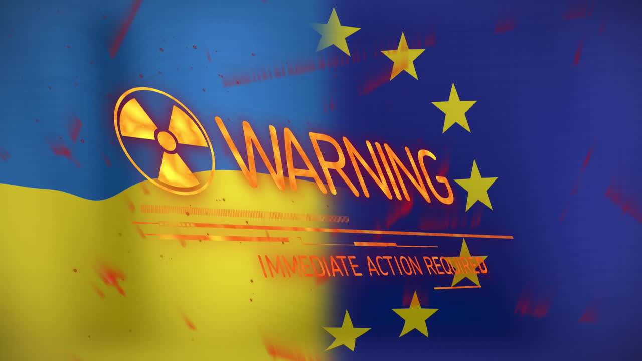 Animazione di testo e simbolo di allerta sopra le bandiere dell'Ucraina e dell'UE