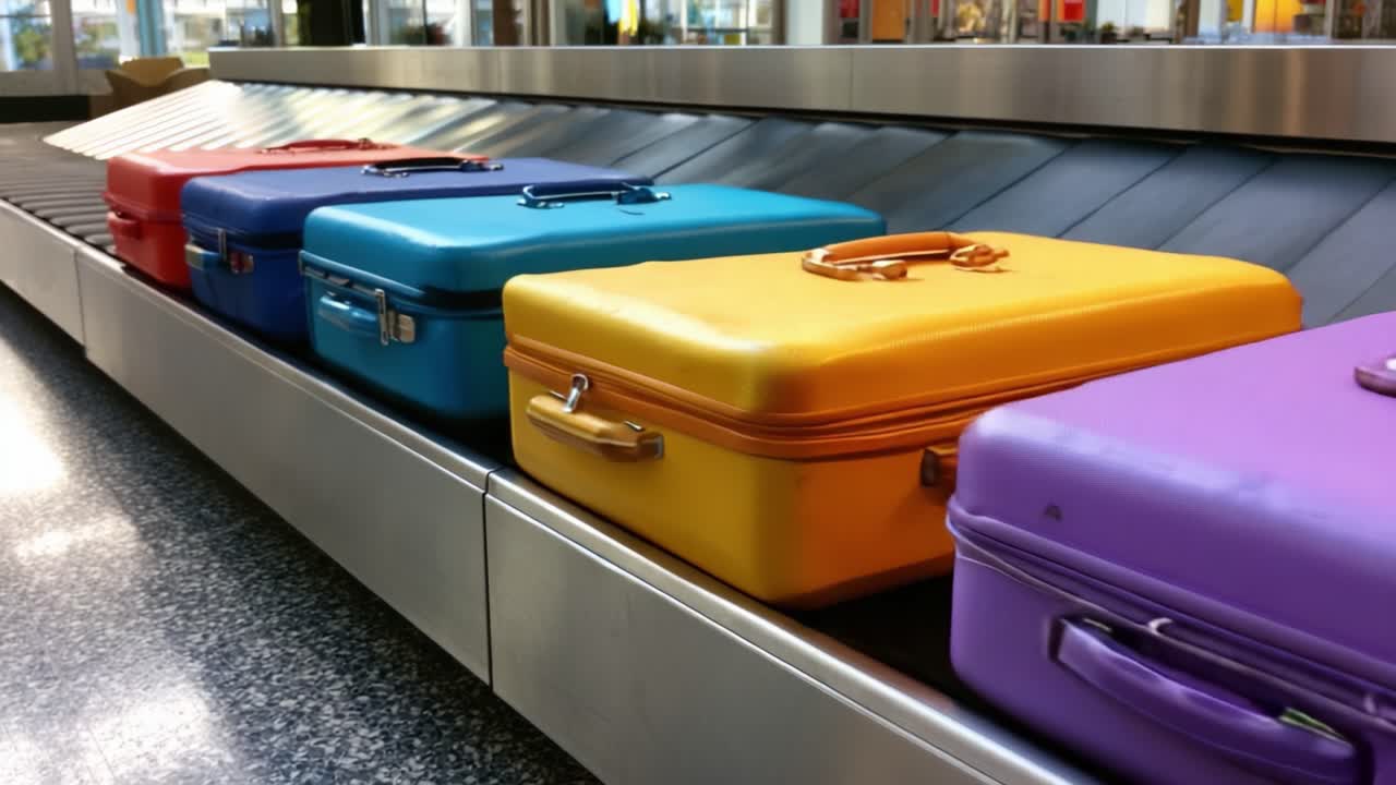 En lys udstilling af farverig bagage på et bagagebånd, der viser et udvalg af levende kufferter i forskellige farver i en lufthavnsterminal.