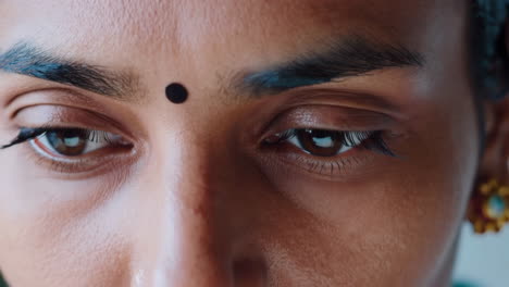 close-up of a woman's pensive eyes with a bindi