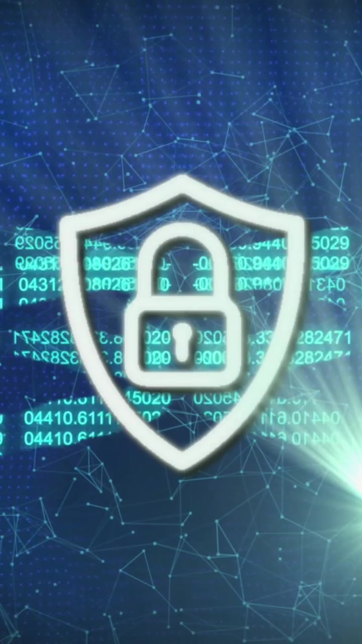 Animated Security Shield with Padlock and Digital Data on Blue Network