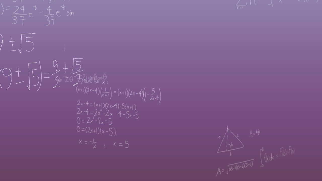 Animation of mathematical equations and formulas floating against purple gradient background