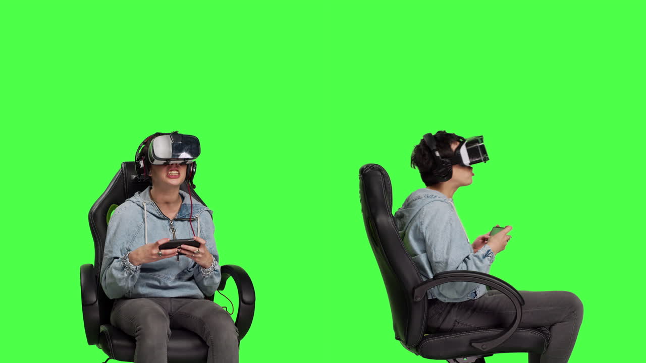 Woman gamer losing and winning at mobile video games against greenscreen